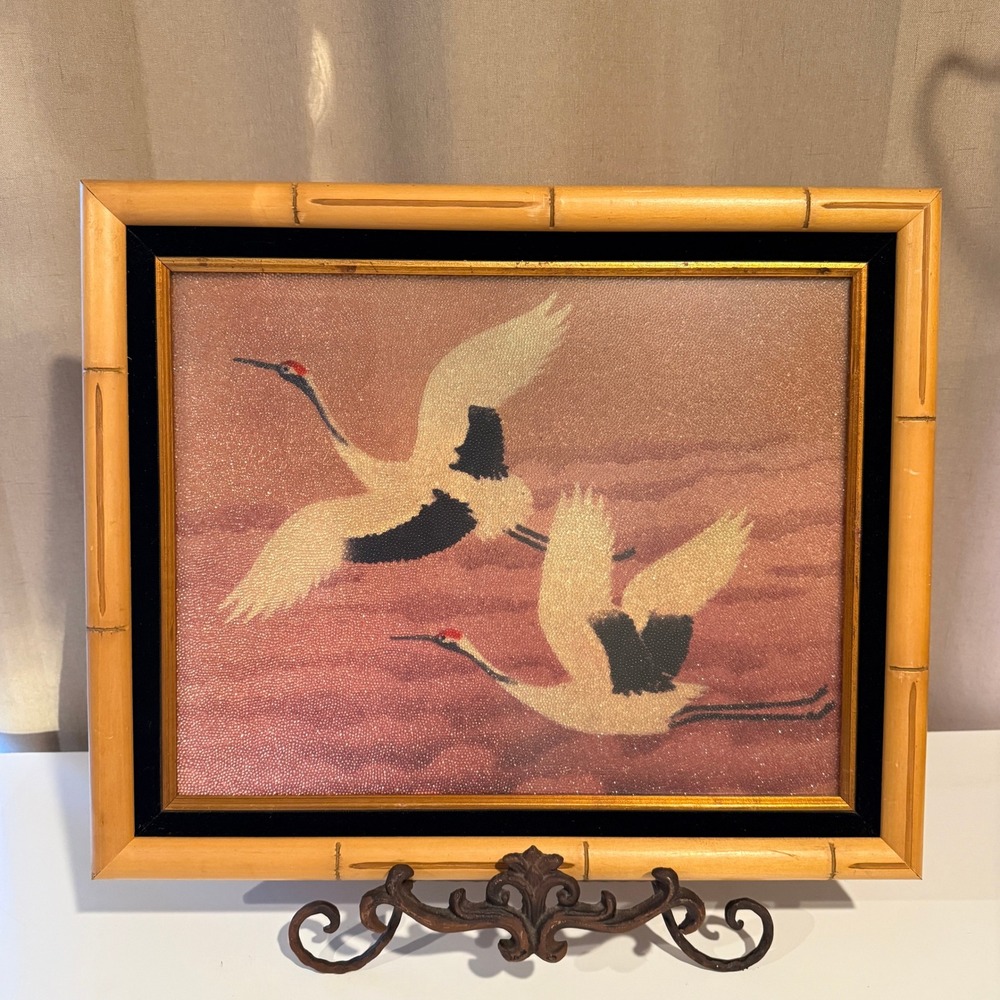 Vintage‎ Japanese Sand Art Red Crowned Cranes Faux Bamboo Frame Chinoiserie MCM